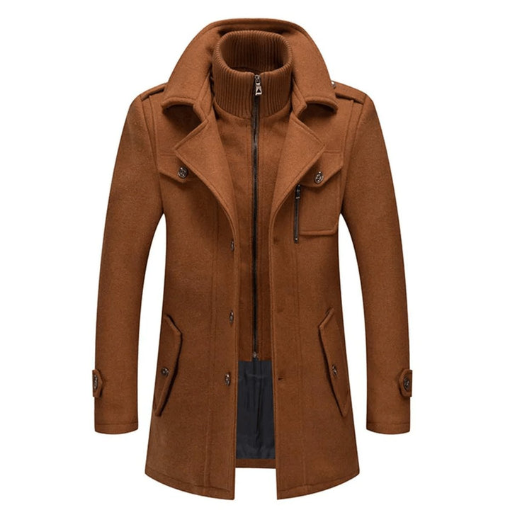 Matthias grijze slim-fit wollen winterjas met gebreide kraag, vooraanzicht