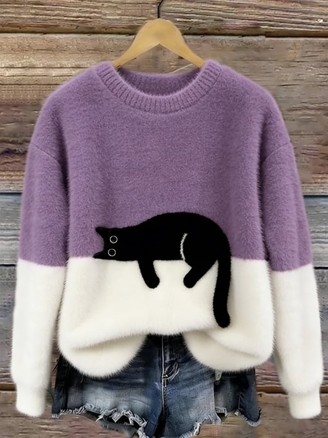 Merel colorblock trui met kattenprint in paars en wit, vooraanzicht