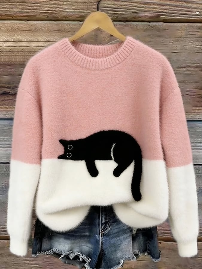 Merel colorblock trui met kattenprint in roze en wit, vooraanzicht