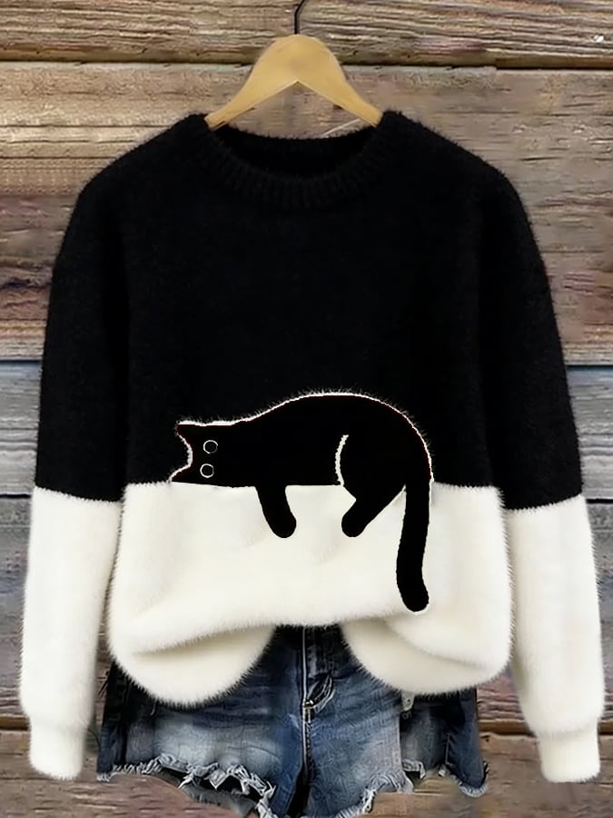 Merel colorblock trui met kattenprint in zwart en wit, vooraanzicht