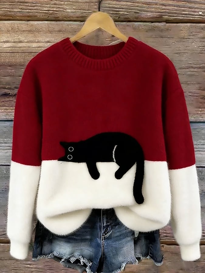 Merel colorblock trui met kattenprint in rood en wit, vooraanzicht