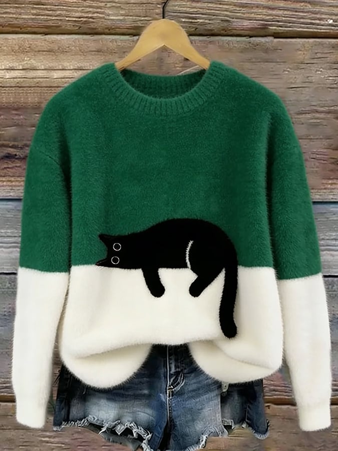 Merel colorblock trui met kattenprint in groen en wit, vooraanzicht