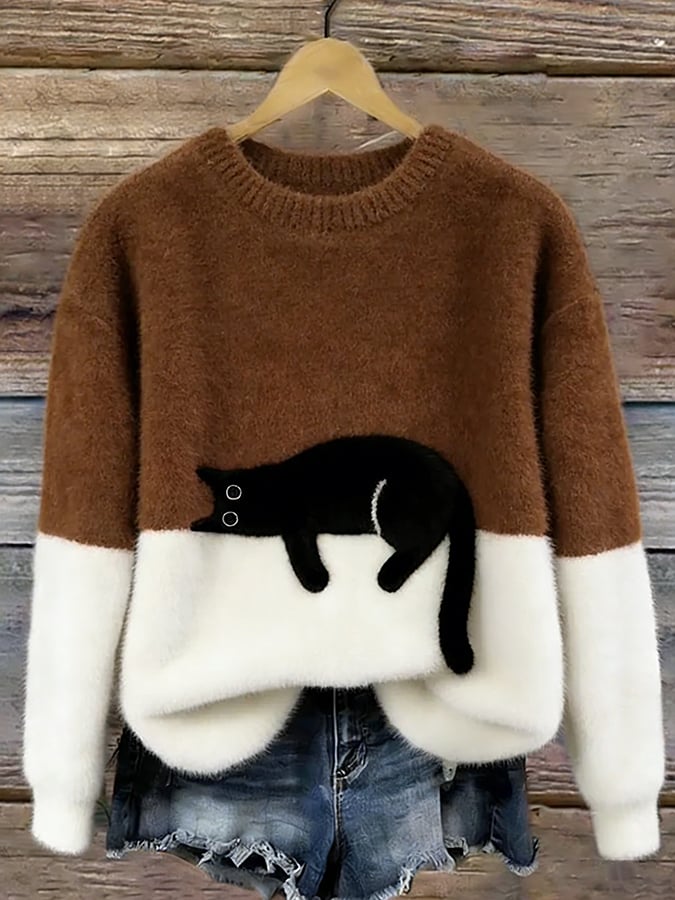 Merel colorblock trui met kattenprint in bruin en wit, vooraanzicht