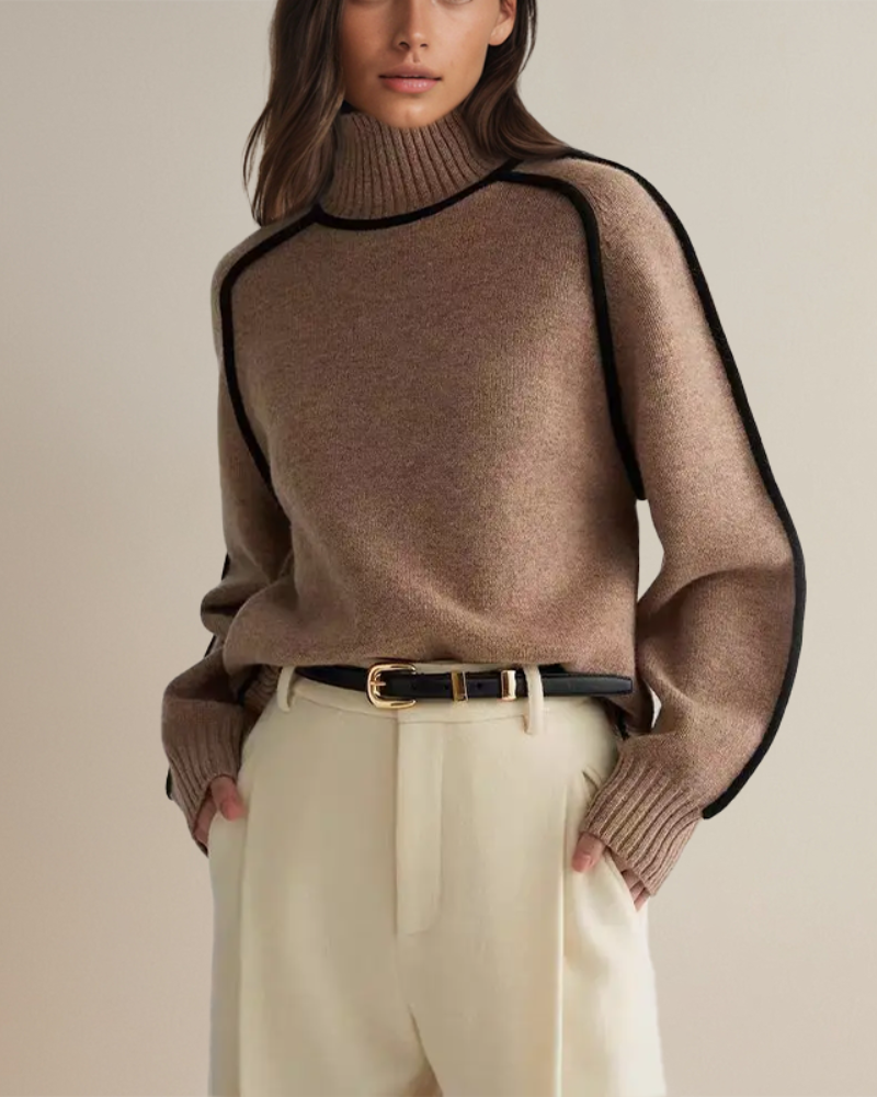 Merel bruine colsweater met contrastbies, vooraanzicht
