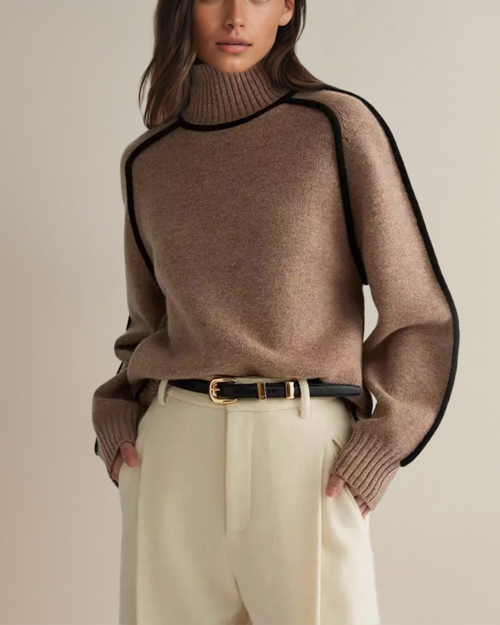 Merel bruine colsweater met contrastbies, vooraanzicht