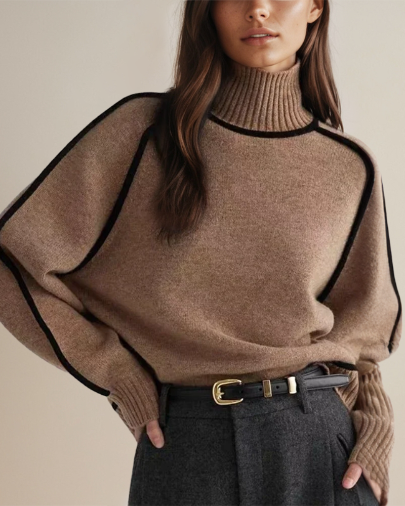 Merel bruine colsweater met contrastbies, detailweergave
