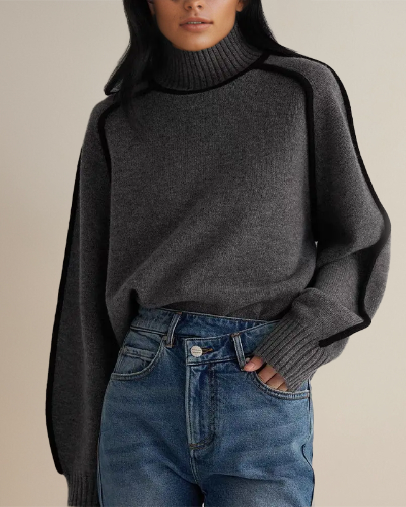 Merel grijze colsweater met contrastbies, vooraanzicht
