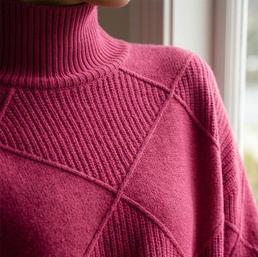 Detail van roze coltrui kraag en ribgebreide structuur