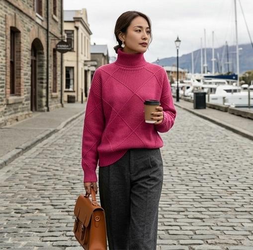 Model in roze coltrui op straat met tas