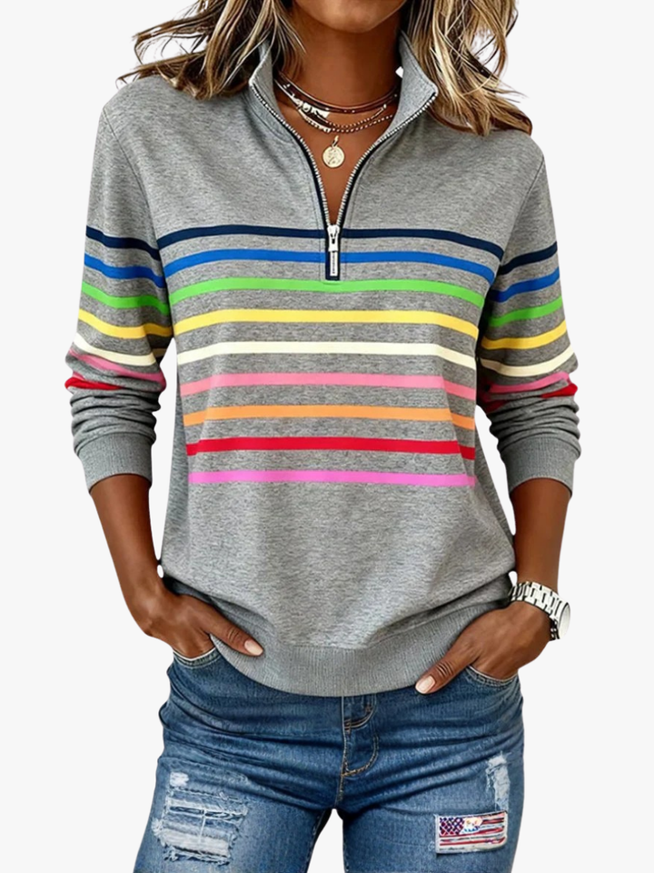 Merel gestreepte sweater met ritskraag, vooraanzicht op grijze kleur