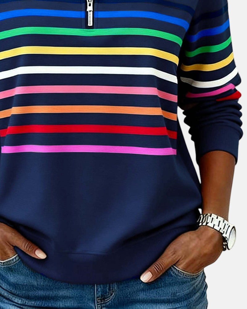 Detailfoto kraag en rits van Merel gestreepte sweater in wit