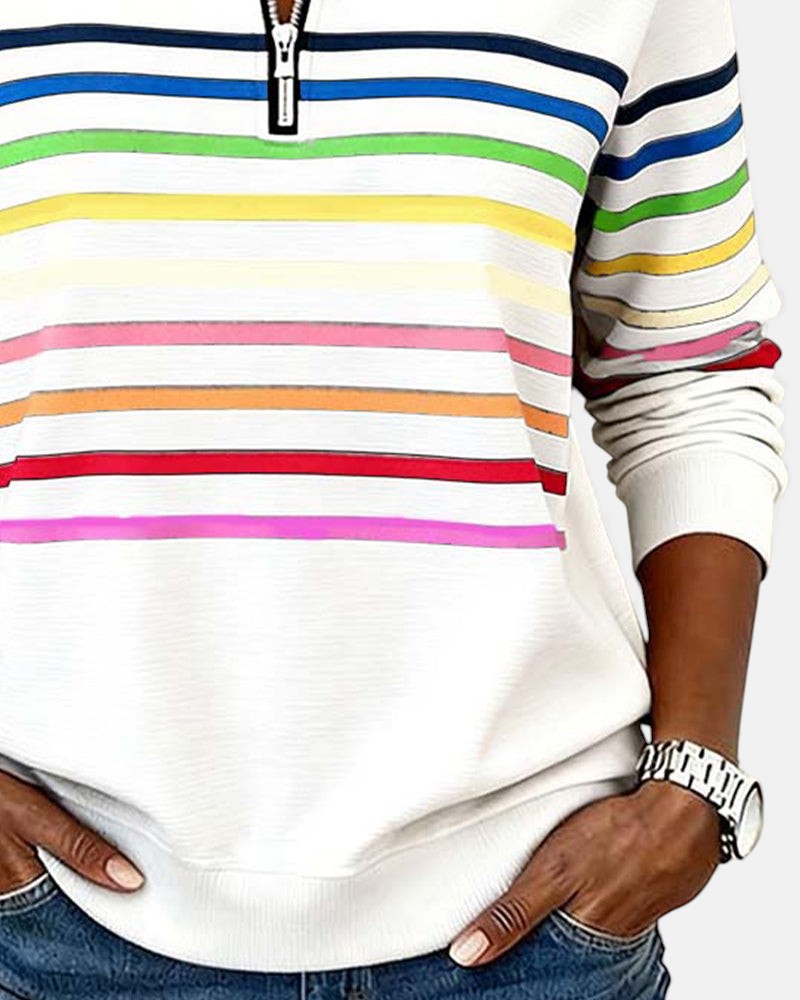Detailfoto kraag en rits van Merel gestreepte sweater in rood