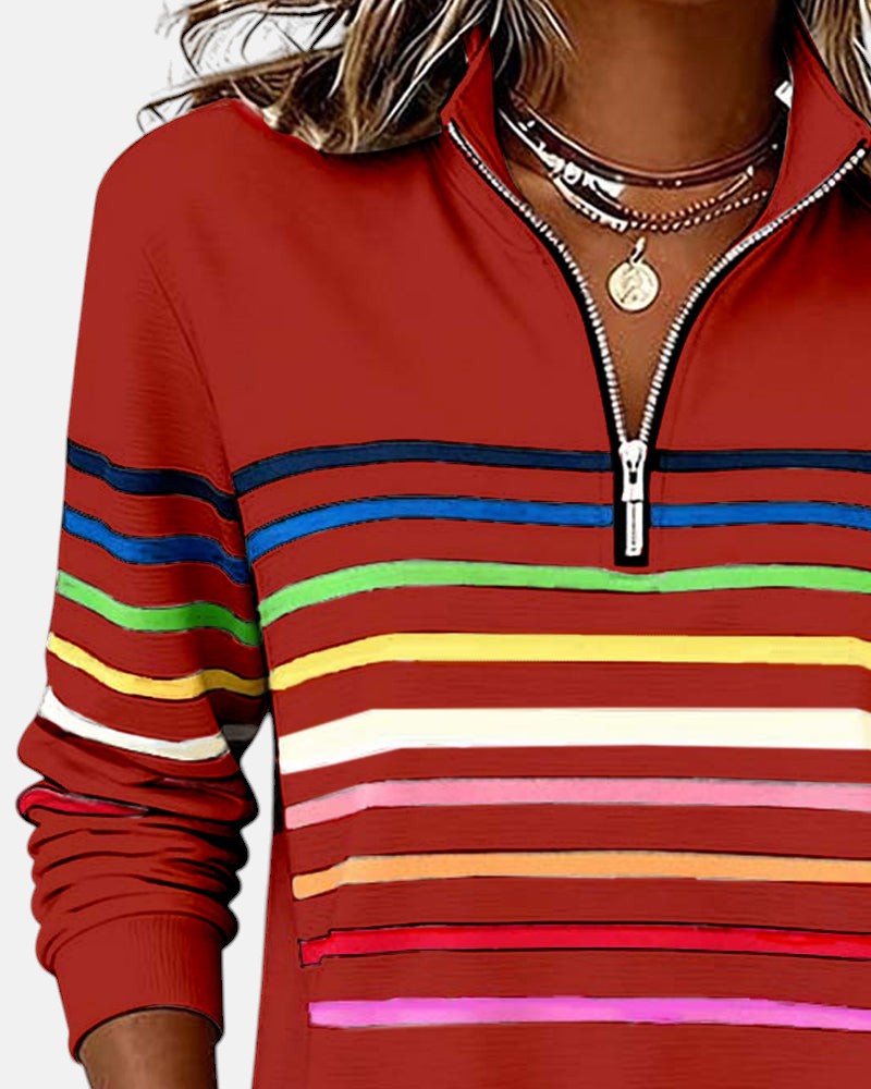 Detailfoto mouw en strepen van Merel sweater in rood