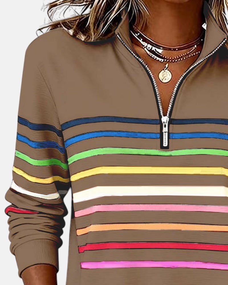 Detailfoto kraag en rits van Merel gestreepte sweater in groen