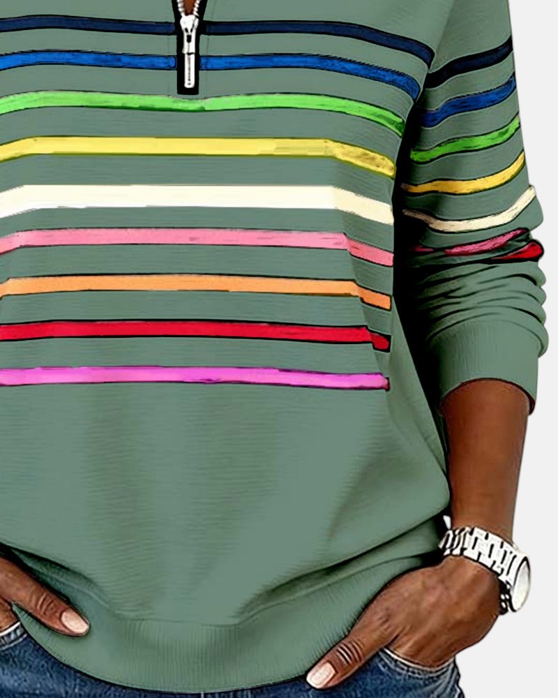 Detailfoto mouw en strepen van Merel sweater in groen