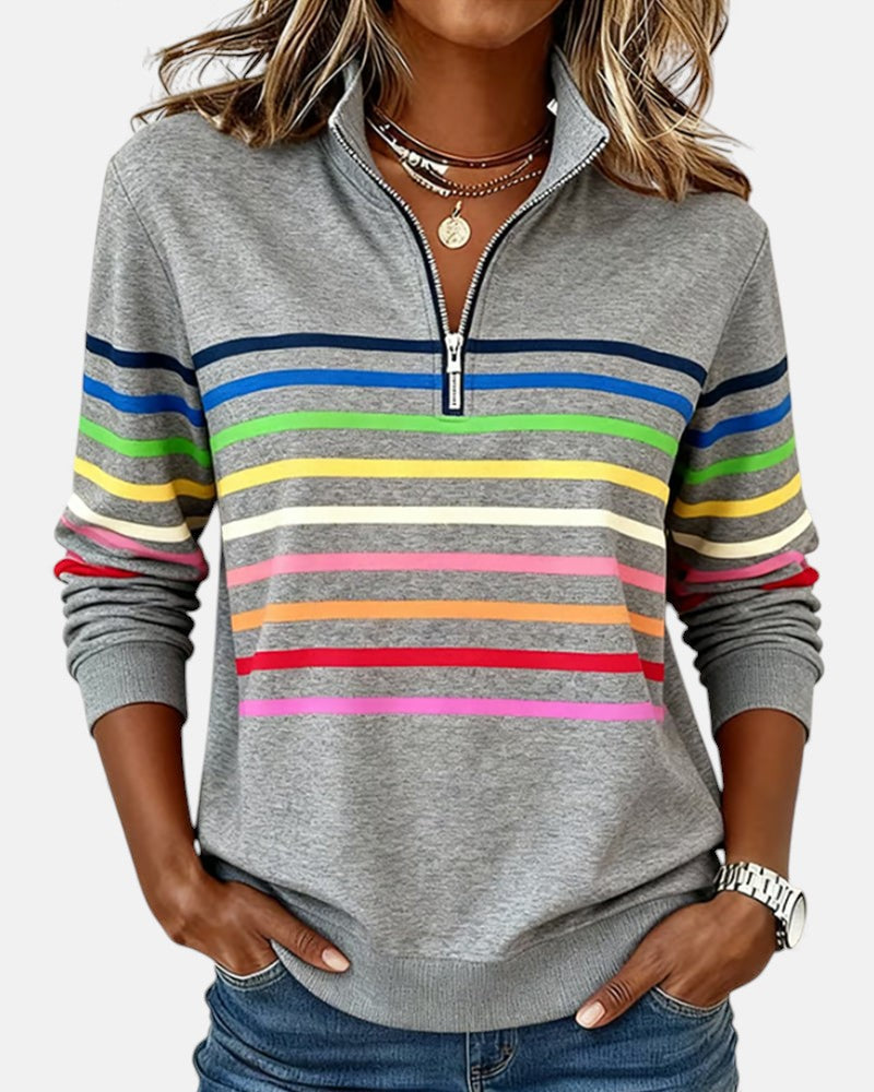 Merel gestreepte sweater met ritskraag, close-up voorkant