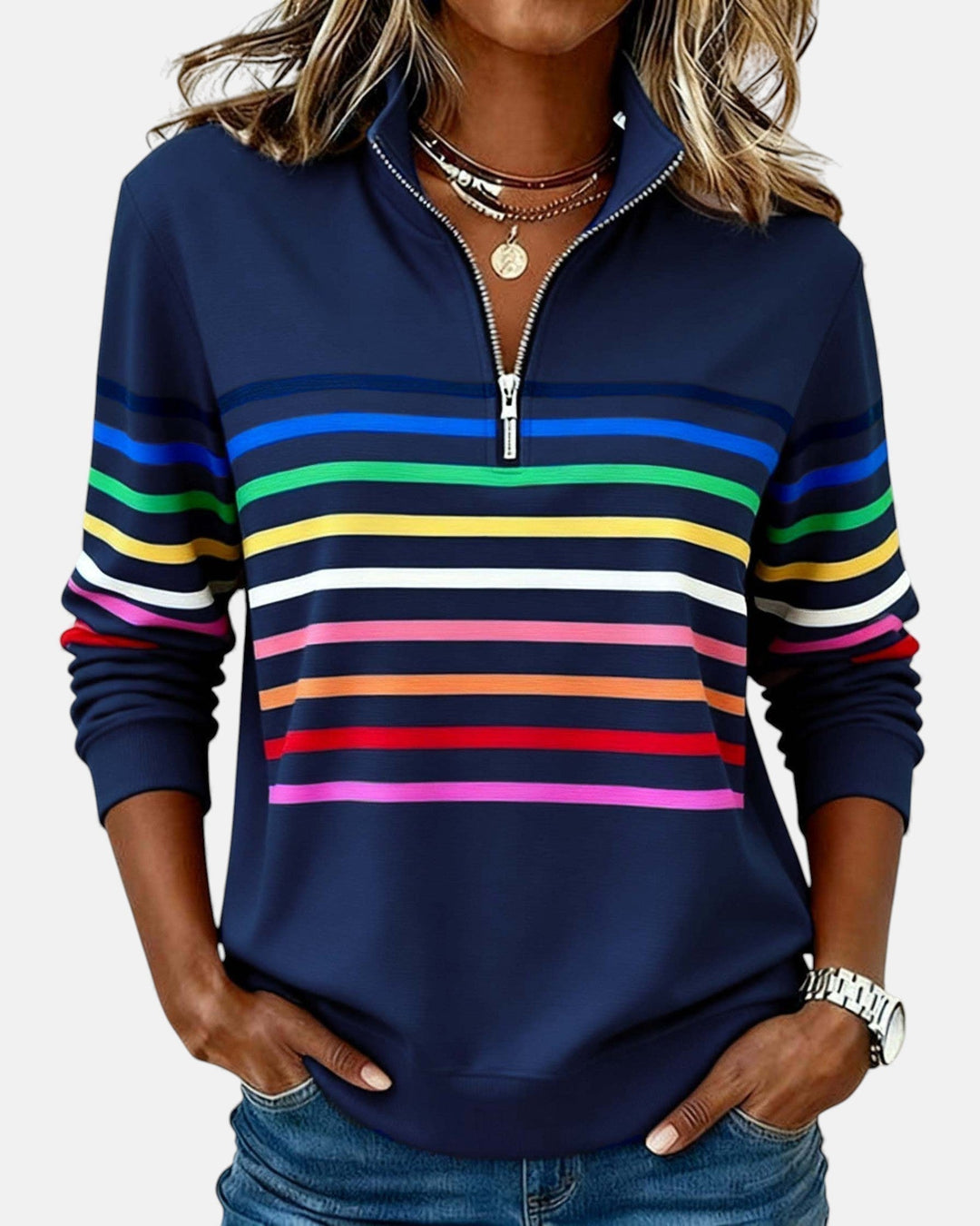 Merel gestreepte sweater met ritskraag in marineblauw