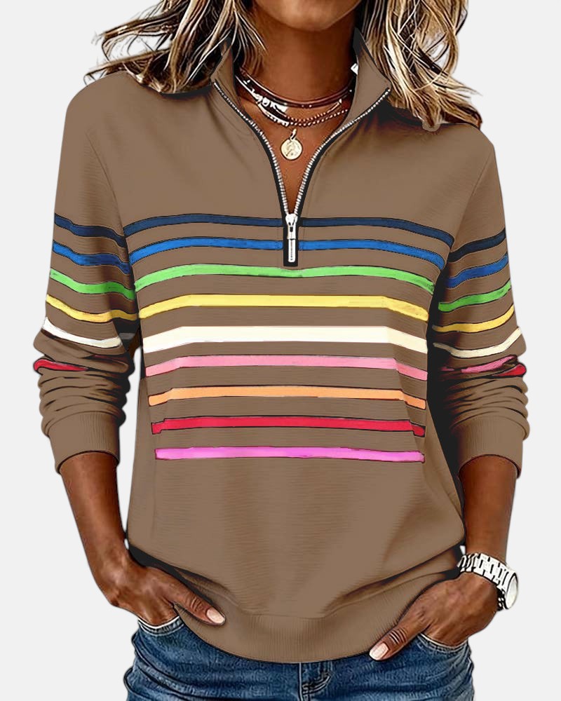 Merel gestreepte sweater met ritskraag in bruin