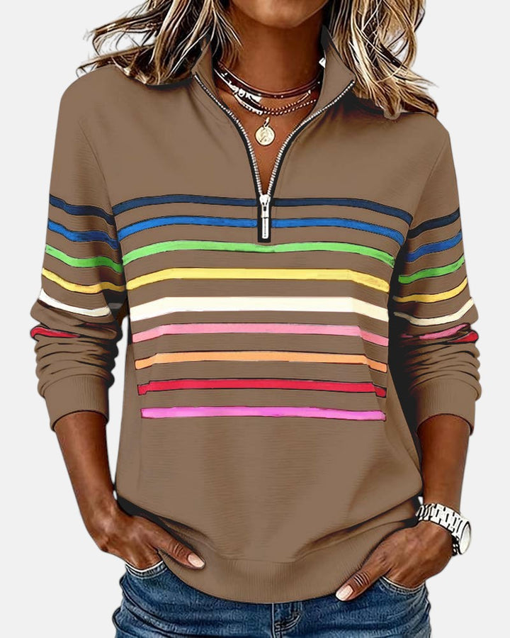 Merel gestreepte sweater met ritskraag in bruin
