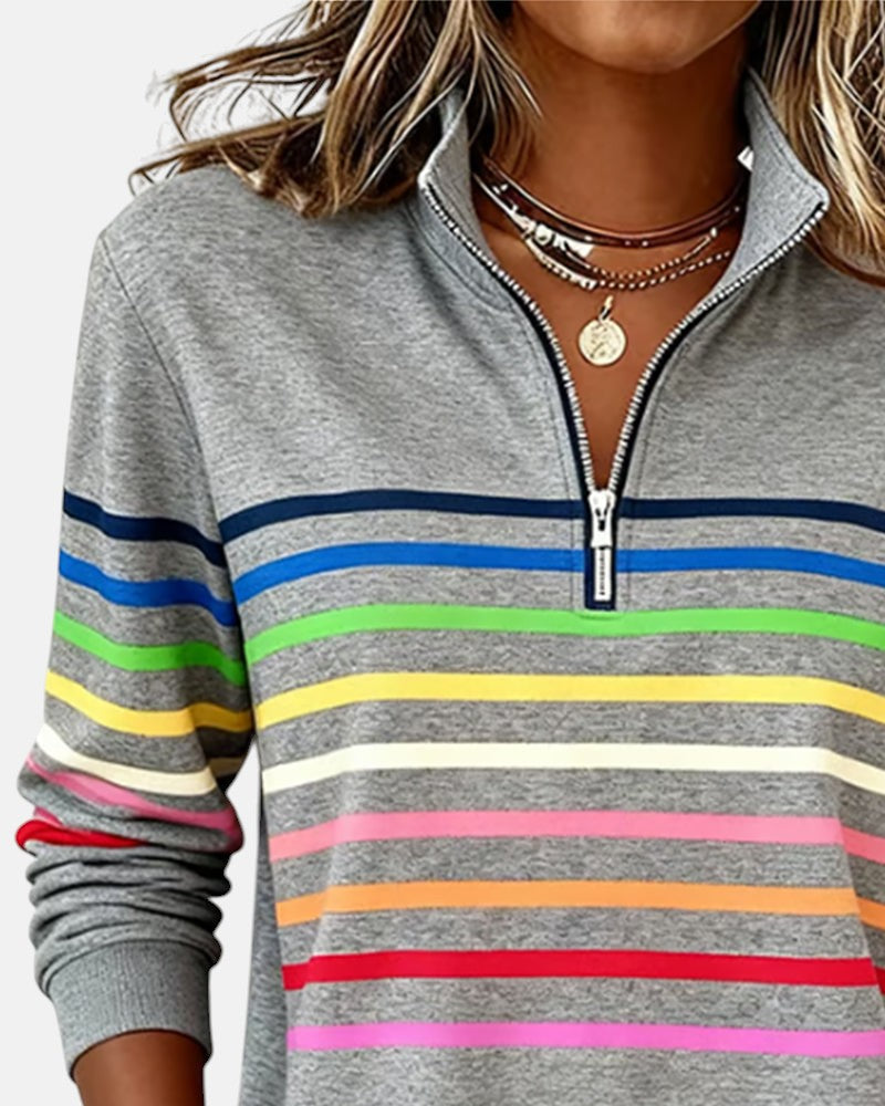 Detailfoto kraag en rits van Merel gestreepte sweater in grijs