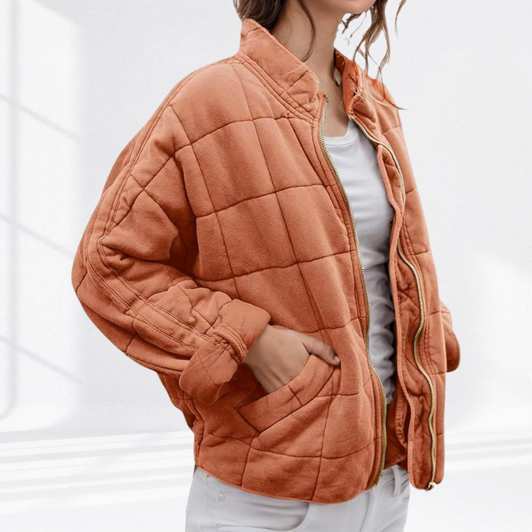 Merel gewatteerd geruit jack in terracotta, close-up voorpand