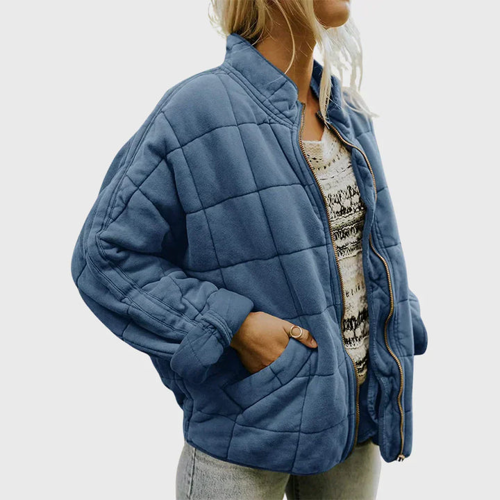 Merel gewatteerd geruit jack in blauw, zijaanzicht