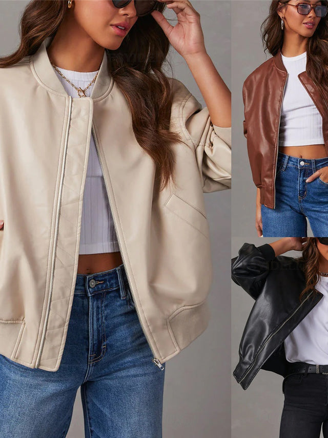 Naomi bomberjack in beige, bruin en zwart naast elkaar