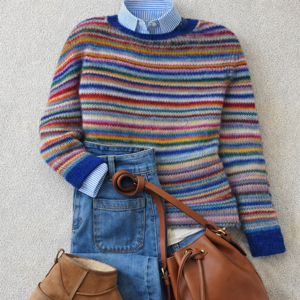 Nienke Nordic gestreepte trui gecombineerd met gestreepte blouse, spijkerbroek en accessoires, vooraanzicht