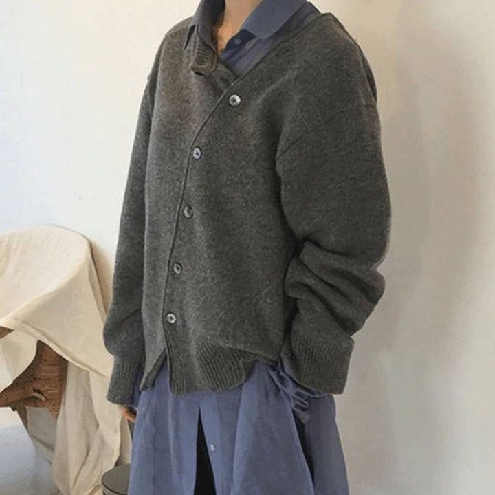 Noor grijze cardigan met knoopsluiting, zijaanzicht