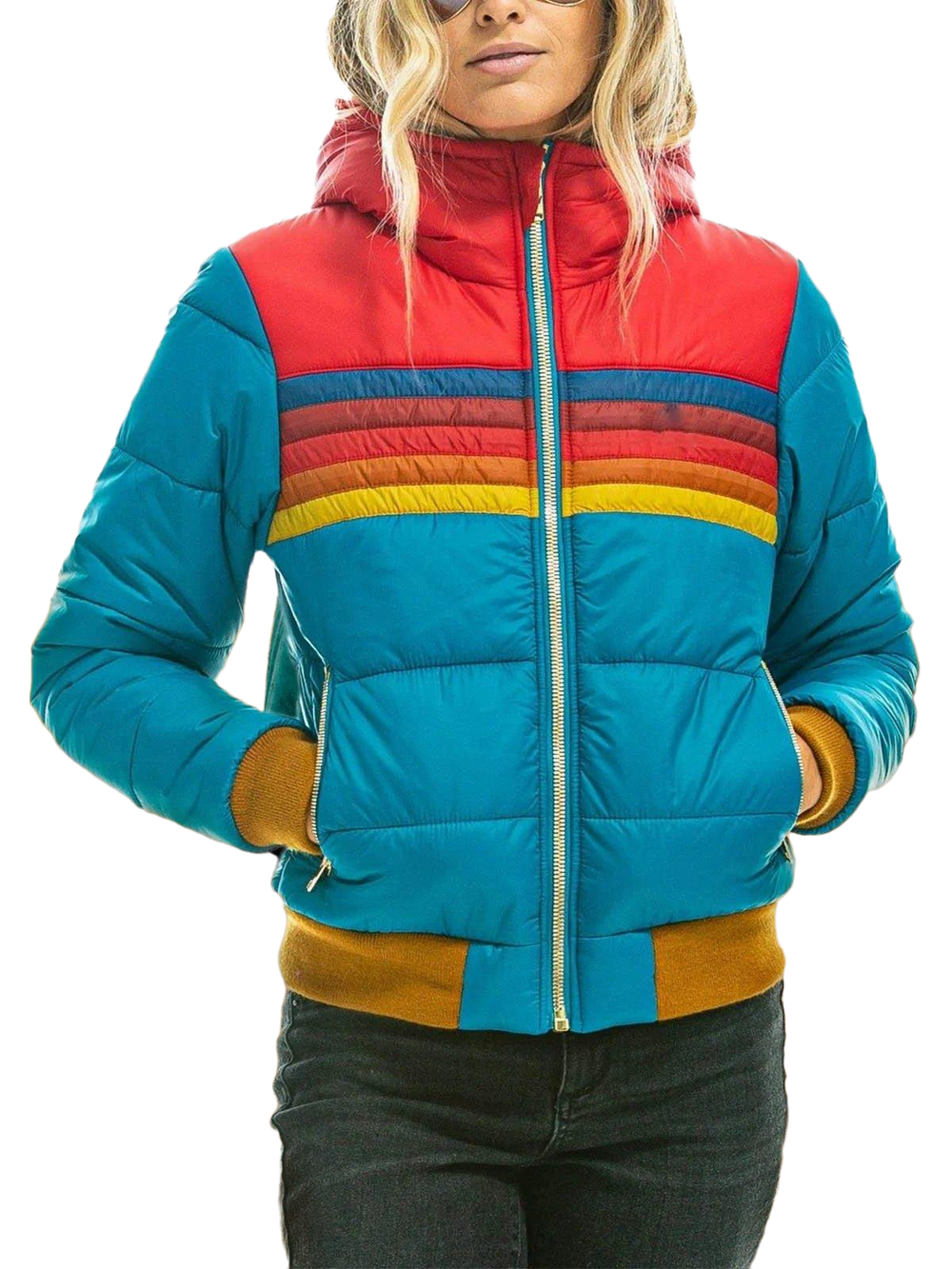 Noor gewatteerde bomber jas met capuchon, vooraanzicht in blauw met rode capuchon
