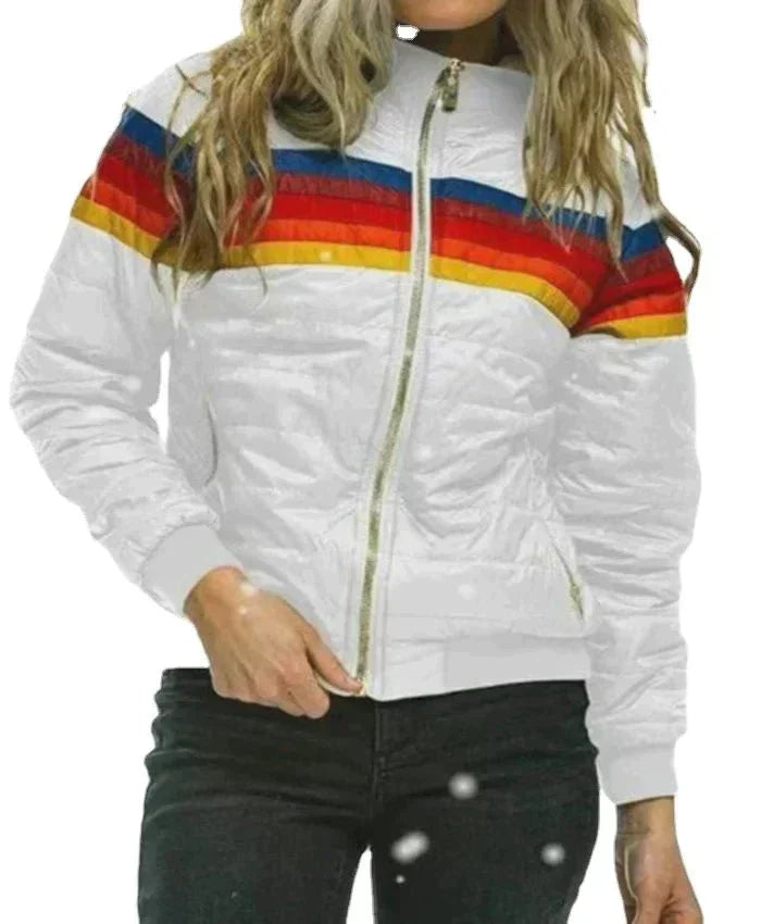 Noor puffer jas met regenboogstreep, vooraanzicht in wit