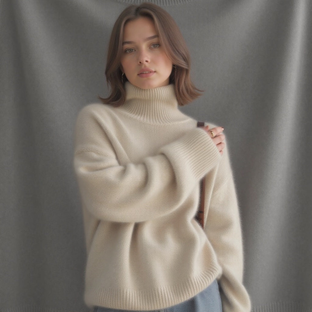 Noor oversized coltrui trui in grijs, zijaanzicht met gekruiste armen