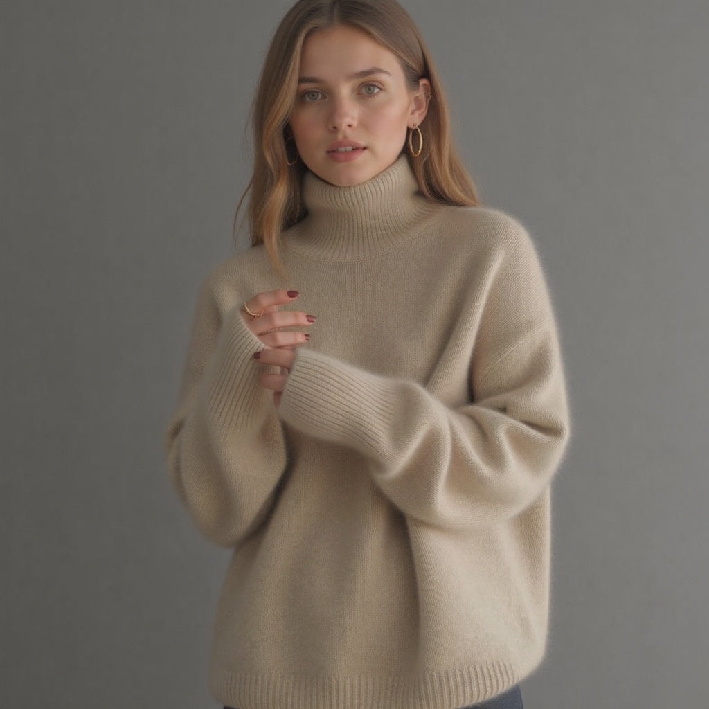 Noor coltrui trui in beige, vooraanzicht met model en sieraden