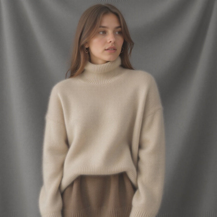 Noor oversized coltrui trui, close-up met gedraaid gordijn achtergrond