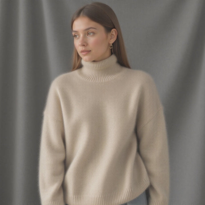 Noor oversized coltrui trui, driekwart aanzicht