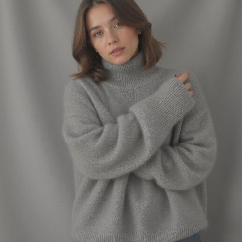 Noor oversized coltrui trui in grijs, model met gekruiste armen