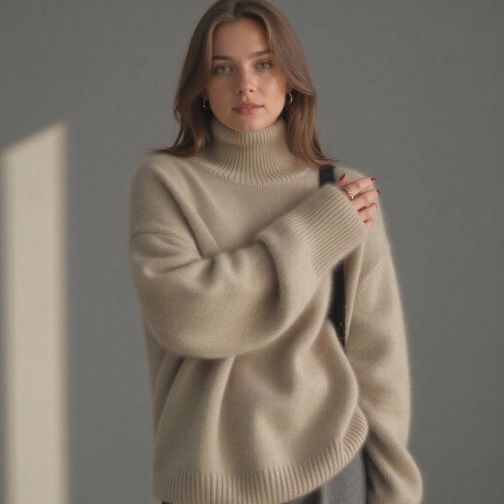 Noor oversized coltrui trui in grijs, close-up van kraag en mouw