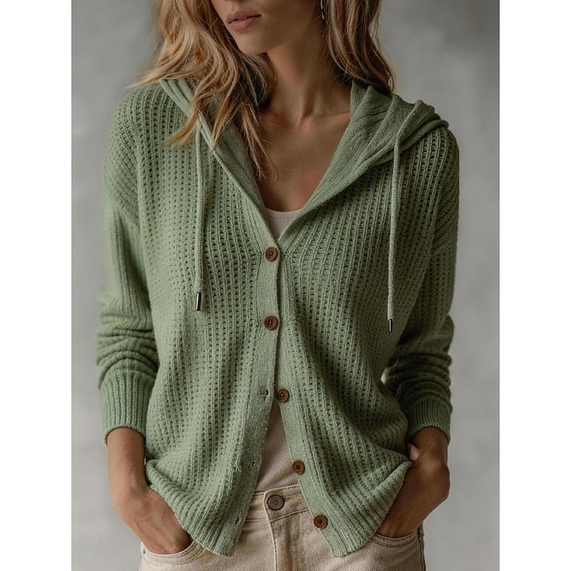 Noortje gebreid capuchon vest met knoopsluiting, groen, vooraanzicht