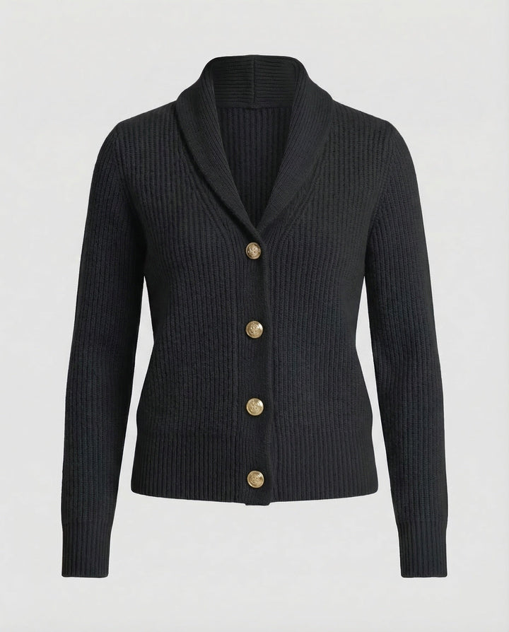 Nora sjaalkraag cardigan in zwart met gouden knopen, productfoto