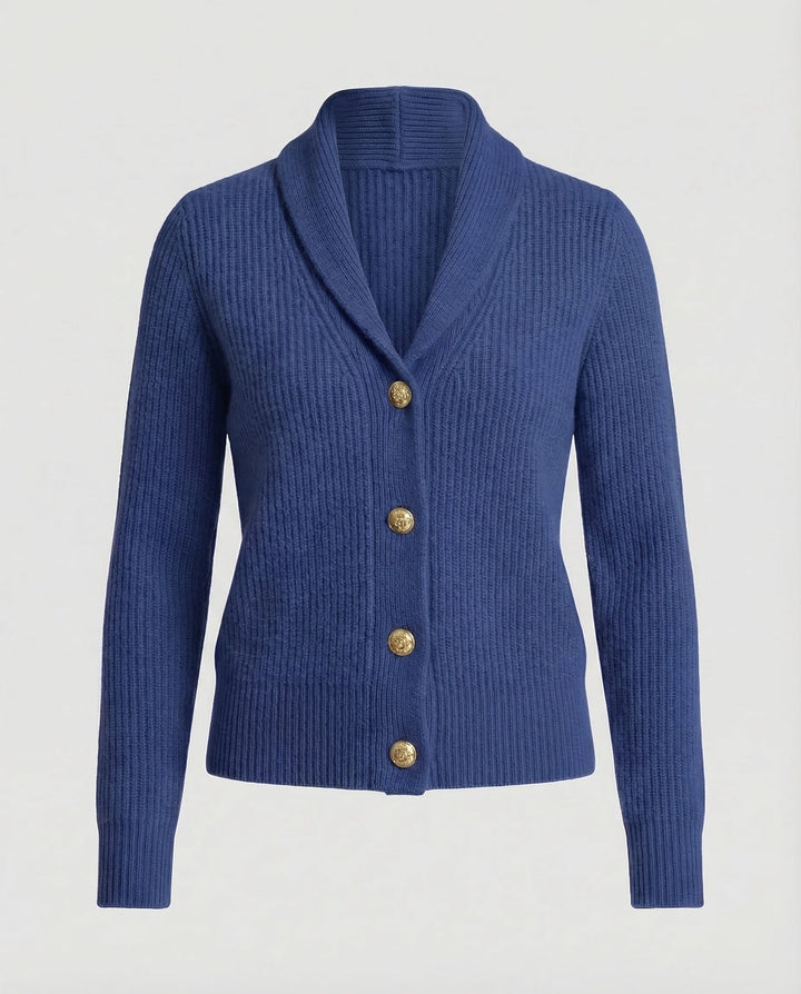 Nora sjaalkraag cardigan in marineblauw met gouden knopen, productfoto