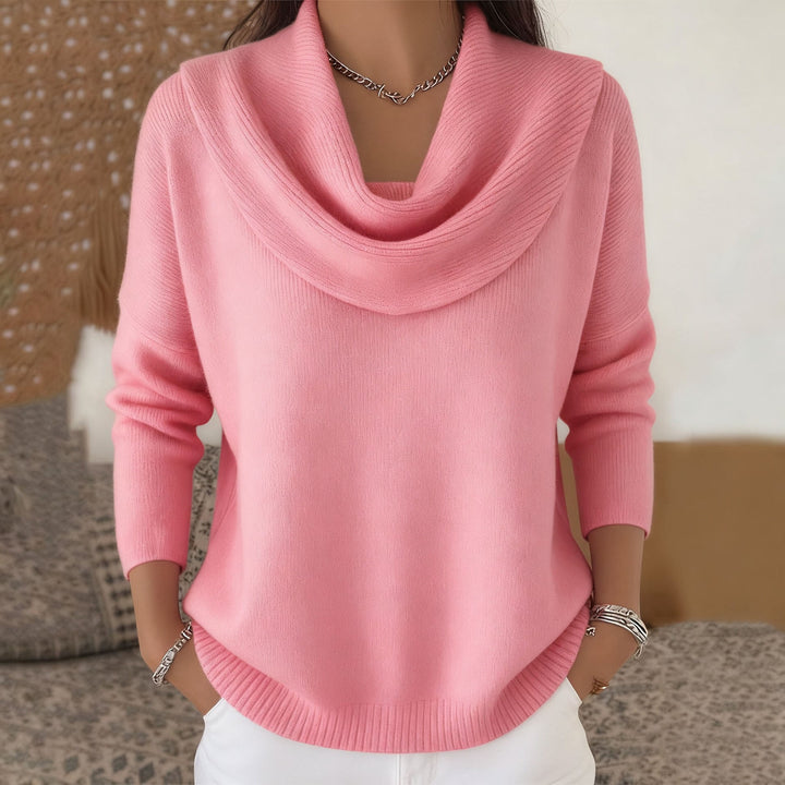 Robin roze cowlneck trui met gedrapeerde kraag, vooraanzicht