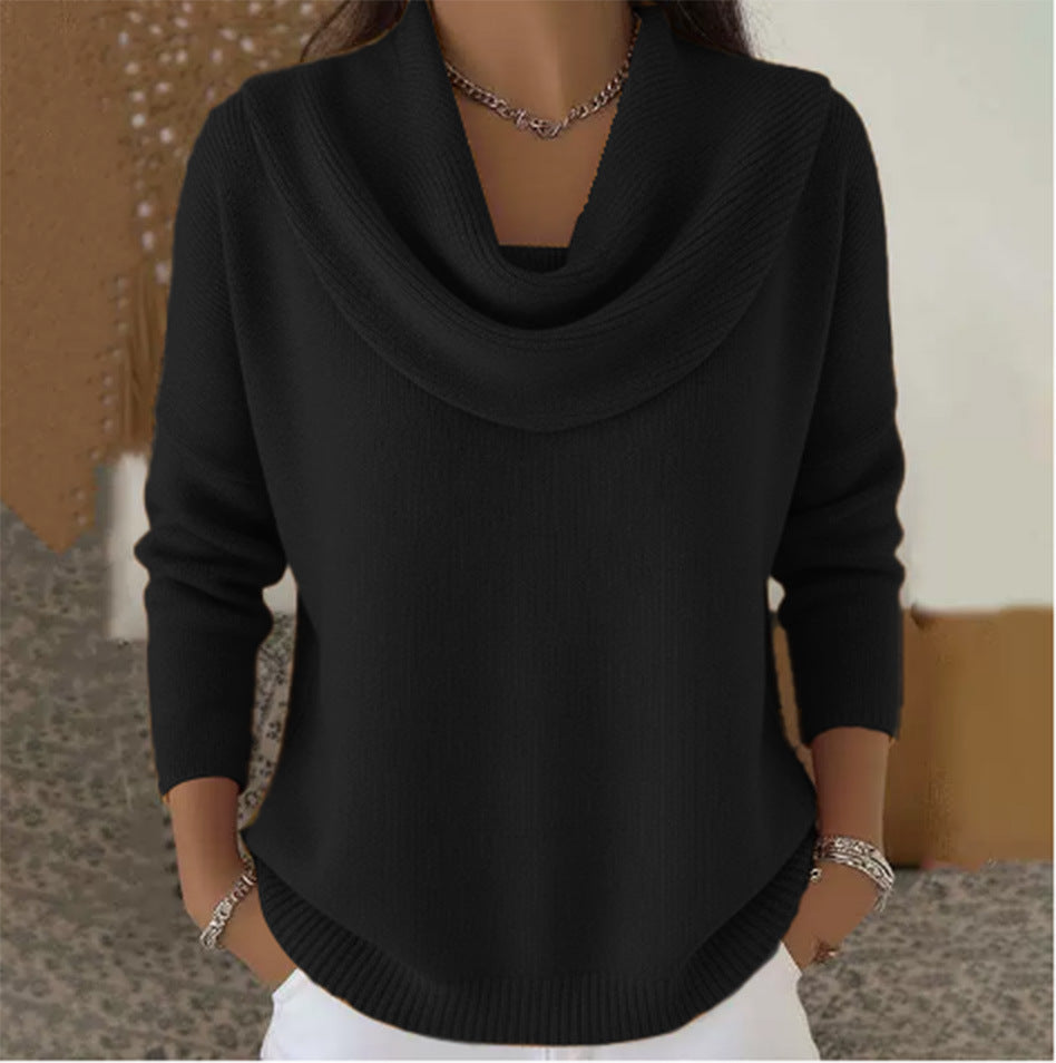 Robin zwarte cowlneck trui met gedrapeerde kraag, close-up hals