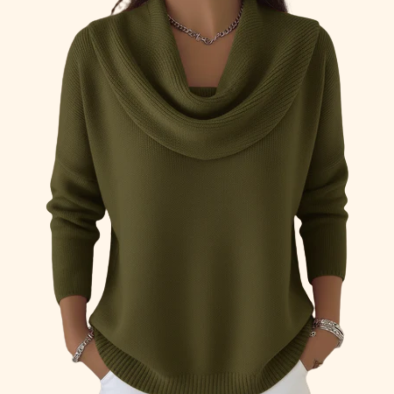 Robin olijfgroene cowlneck trui met gedrapeerde kraag, vooraanzicht
