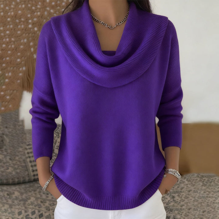 Robin paarse cowlneck trui met gedrapeerde kraag, vooraanzicht