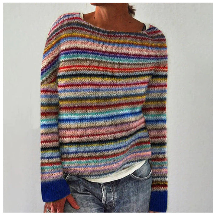 Roos gestreepte trui met ronde hals, vooraanzicht