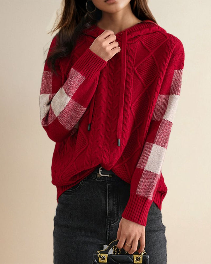 Roos jacquard hoodie in rood met geruite mouwen, vooraanzicht