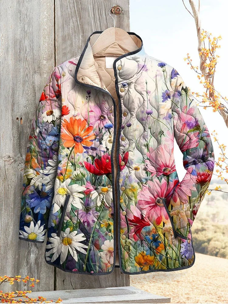 Roos vintage bloemenprint gewatteerd jack met staande kraag, hangend vooraanzicht