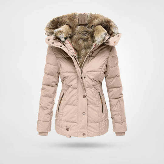 Sanne beige gewatteerde winterjas met bontkraag capuchon, vooraanzicht