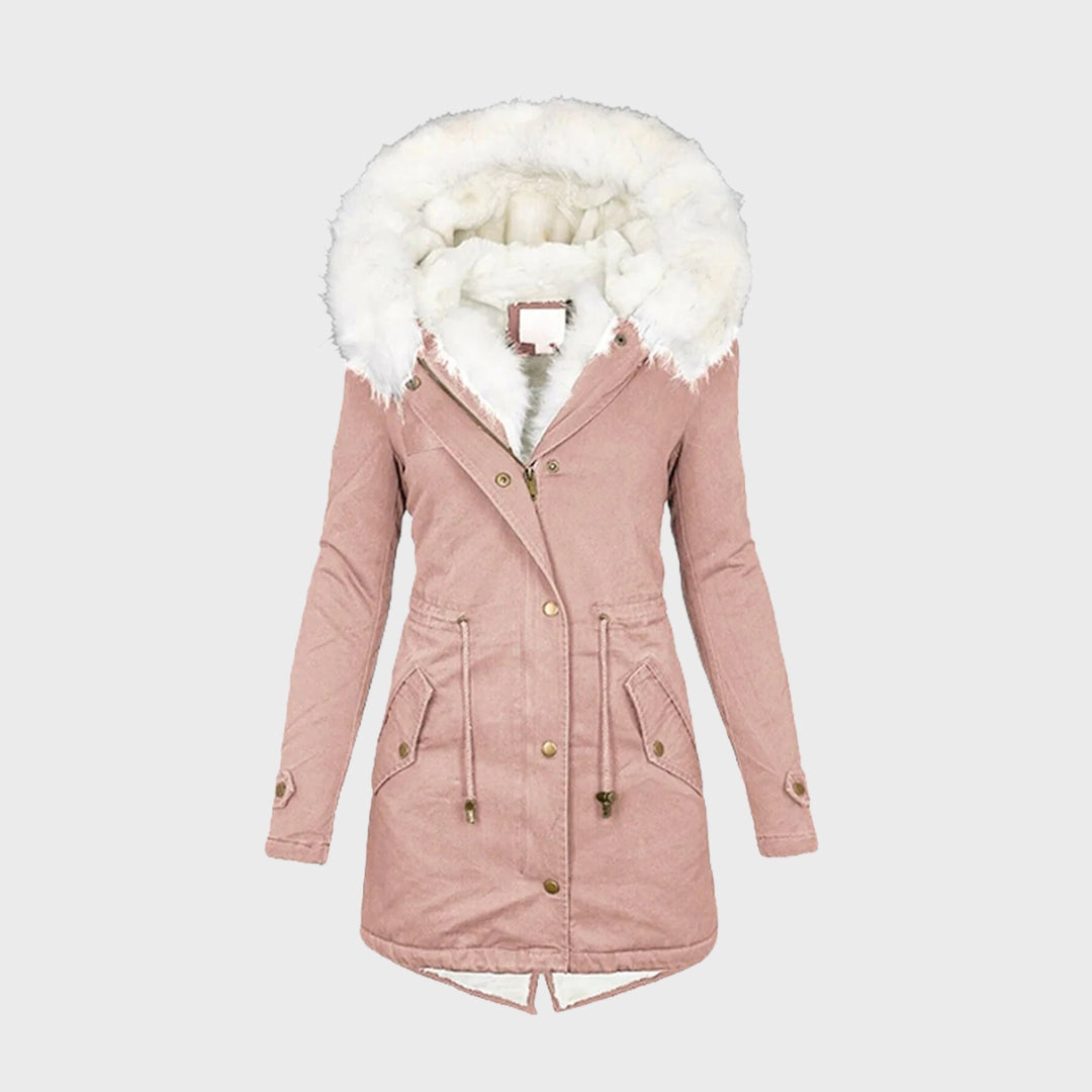 Sanne roze winterjas met bontkraag en capuchon, vooraanzicht