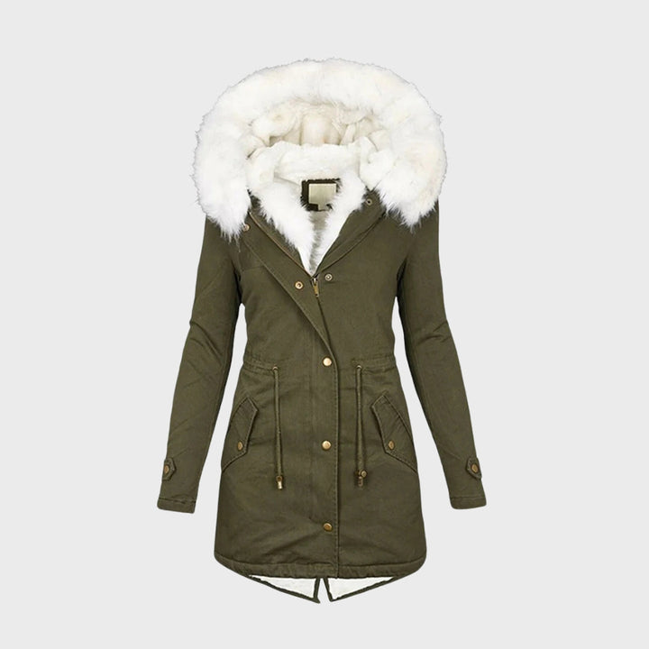 Sanne groene winterjas met bontkraag en capuchon, vooraanzicht